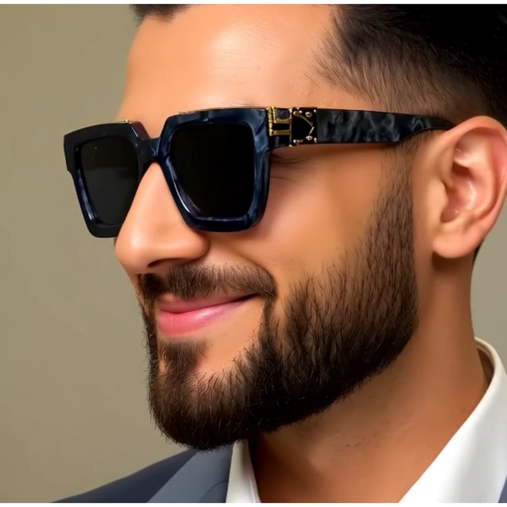 Mens Business Wear Square Sunglasses Marble Grey Gold Accents Fashion Shades New